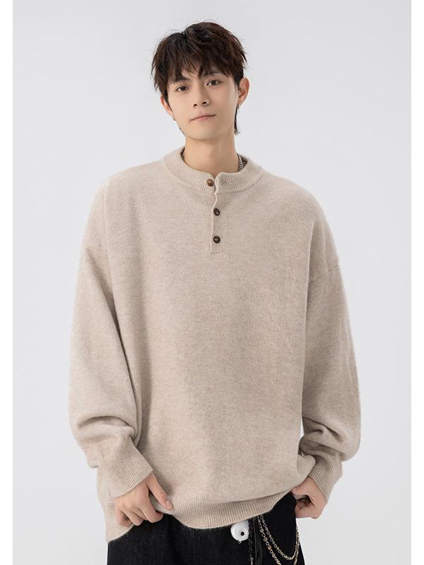 520g Men's Retro Henley Collar Heavyweight Sweater - Old Money Style, Casual Knit Hoodie, Plus Size, Autumn/Winter Wear