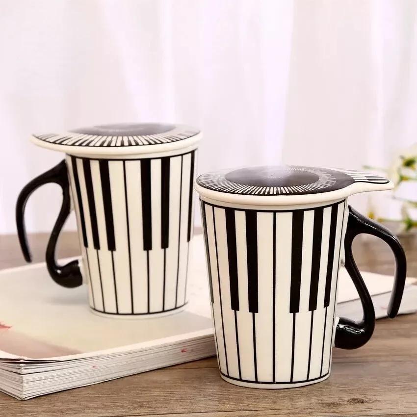 Creative Ceramic Mug, with Cup Lid Coffee Mugs, Piano Musical Note Tea Cup, Travel Cups Breakfast Milk Cup, Water Bottle Gift
