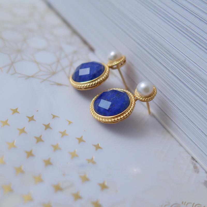 Vintage Style Exquisite Pearl Round Lapis Lazuli Earrings For Women  Inlaid Classic Blue Stud Earings Jewelry Gift