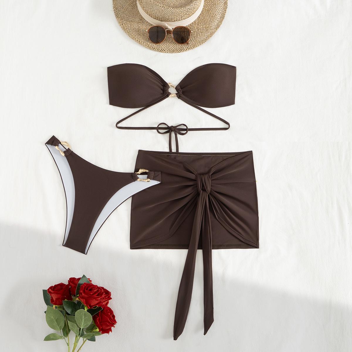 

Раздельный купальник бандо на шнуровке с открытой спиной из трех частей для женщин - Коллекция 2025 Large темно-коричневого