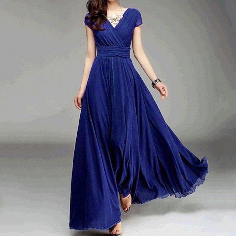 Women's Fashion V Neck Short Sleeve Evening Party Dress Solid Long Cocktail High Waist Summer Dresses
