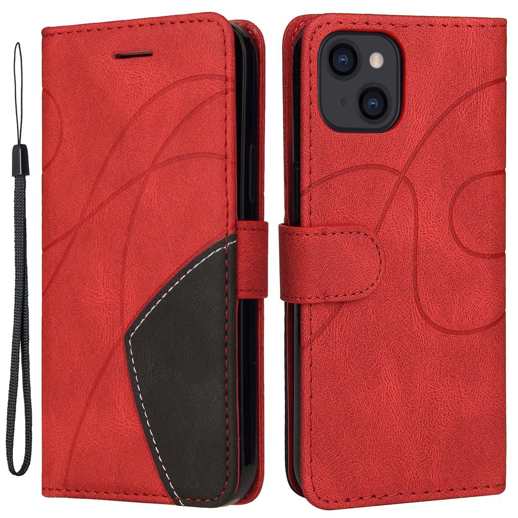 For iPhone 15 Leather Case Wallet Stand Color Splicing Phone Cover