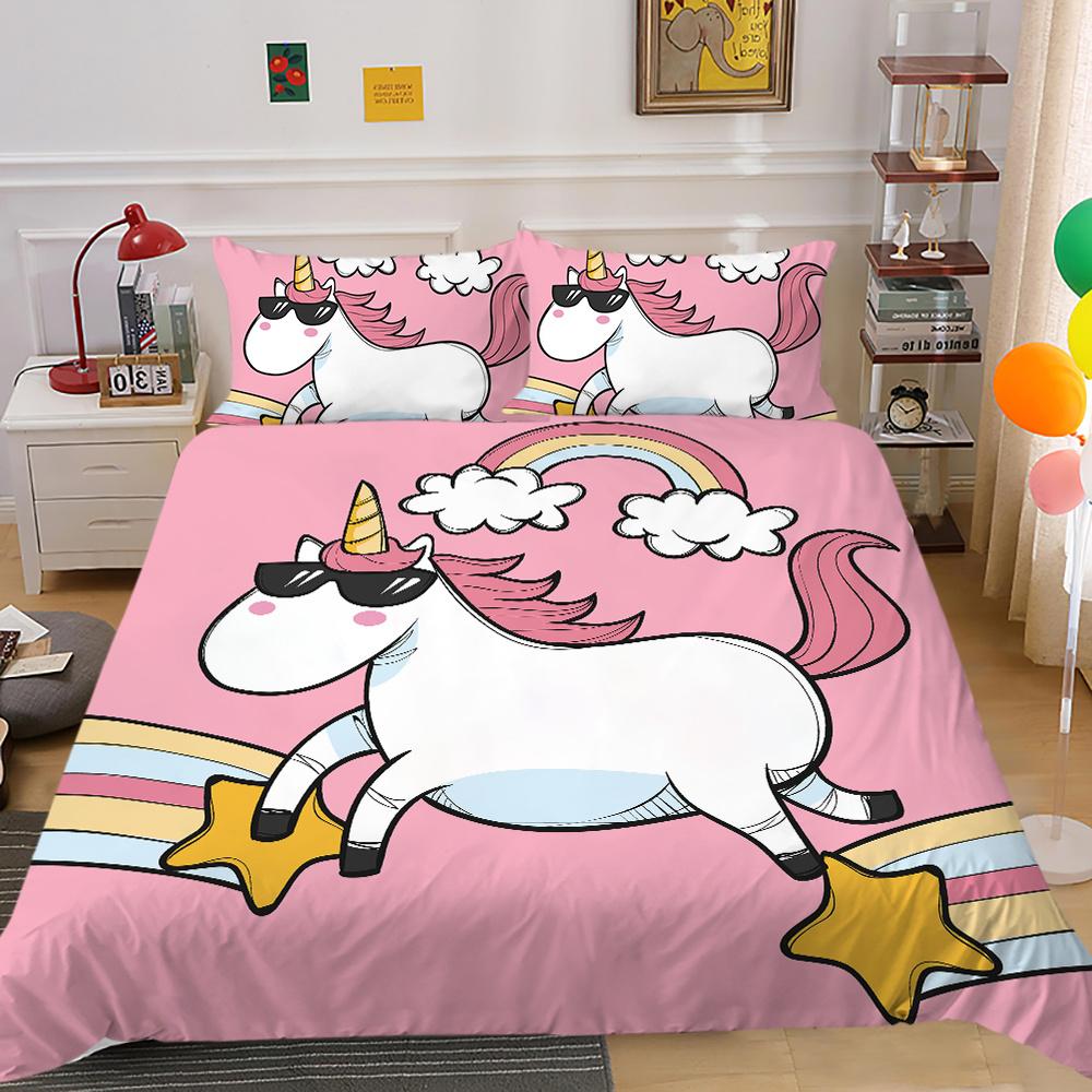 

2023 Новый стильный комплект постельного белья с 3D принтом единорога, покрывало, постельное белье, домашняя теплая полиэстеровая наволочка из трех предметов, пододеяльник EU Single 135x200cm
