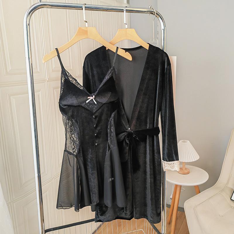 New Autumn Velvet Pajamas Two-piece Robe Set Feminine Lace See-through Robe Bathrobe Casual Velvet Home Clothes