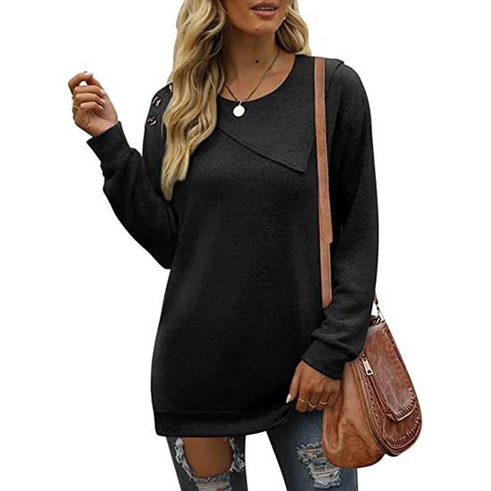 Women Plus Size Pullover Double Layer Round Neck Button Long Sleeve Sweatshirt  Loose Casual Solid T-shirt