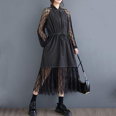 Lange mouw Plus size vintage kant patchwork nieuw binnen jurken voor vrouwen casual losse lente zomer herfst overhemdjurk