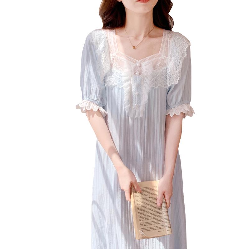 Women's French Court-Style Nightgown with Built-In Bra, Summer Princess Pajamas, Pure Cotton Long Dress, Loungewear