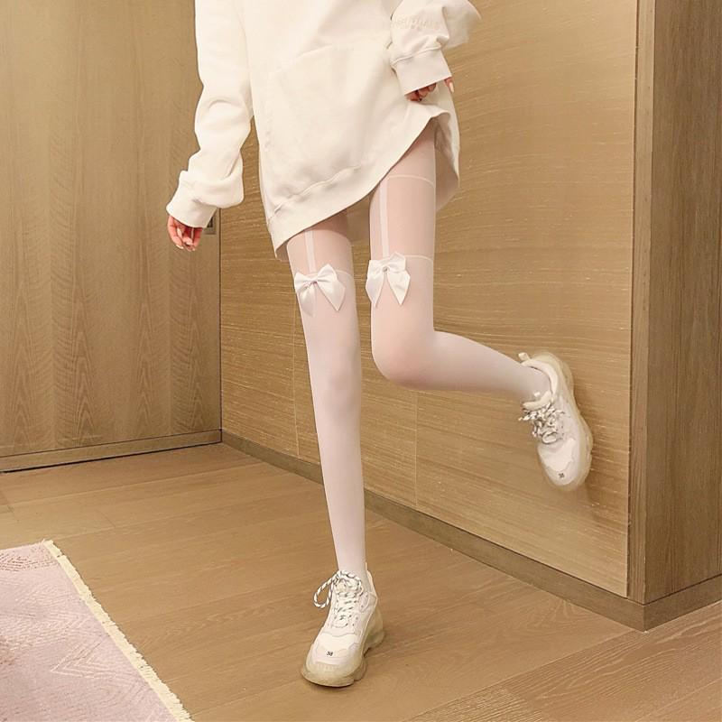 Black Silk Bowknot Garter Thigh-High Stockings - One-Piece Pantyhose for Spring & Autumn