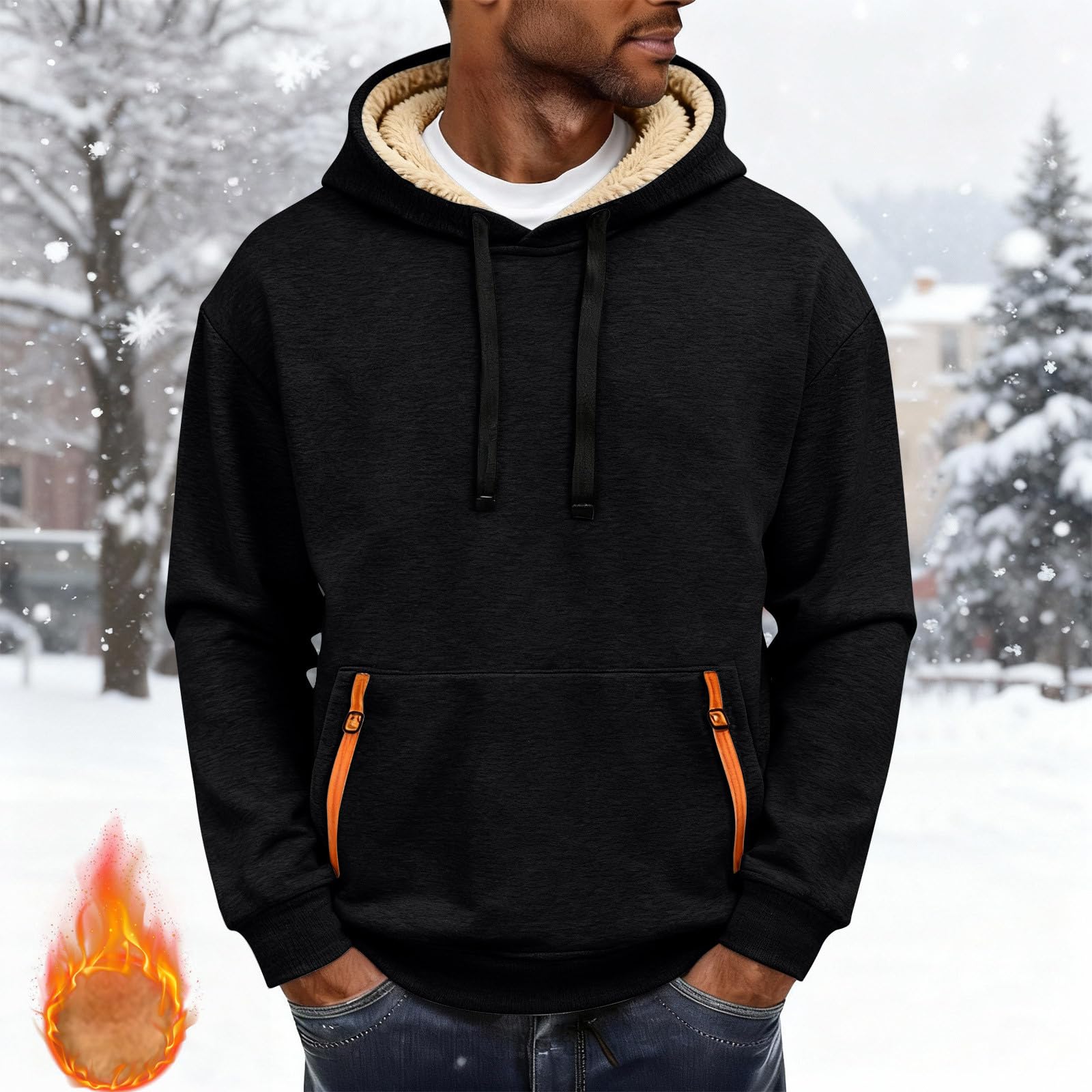 

Fashionable Men s Solid-Color Fleece-Lined Thickened Long-Sleeve Hoodie With Pockets XL чёрный