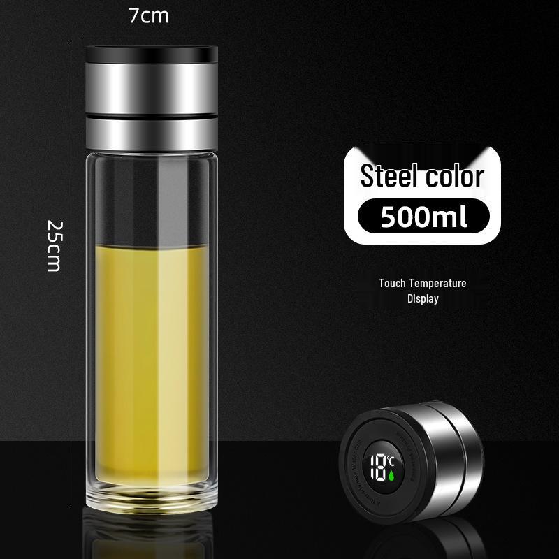 Men's Business Tea Infuser: Portable Double-Layer Glass Cup with Smart Temperature Display, Heat Insulation, and Anti-Scald Design.