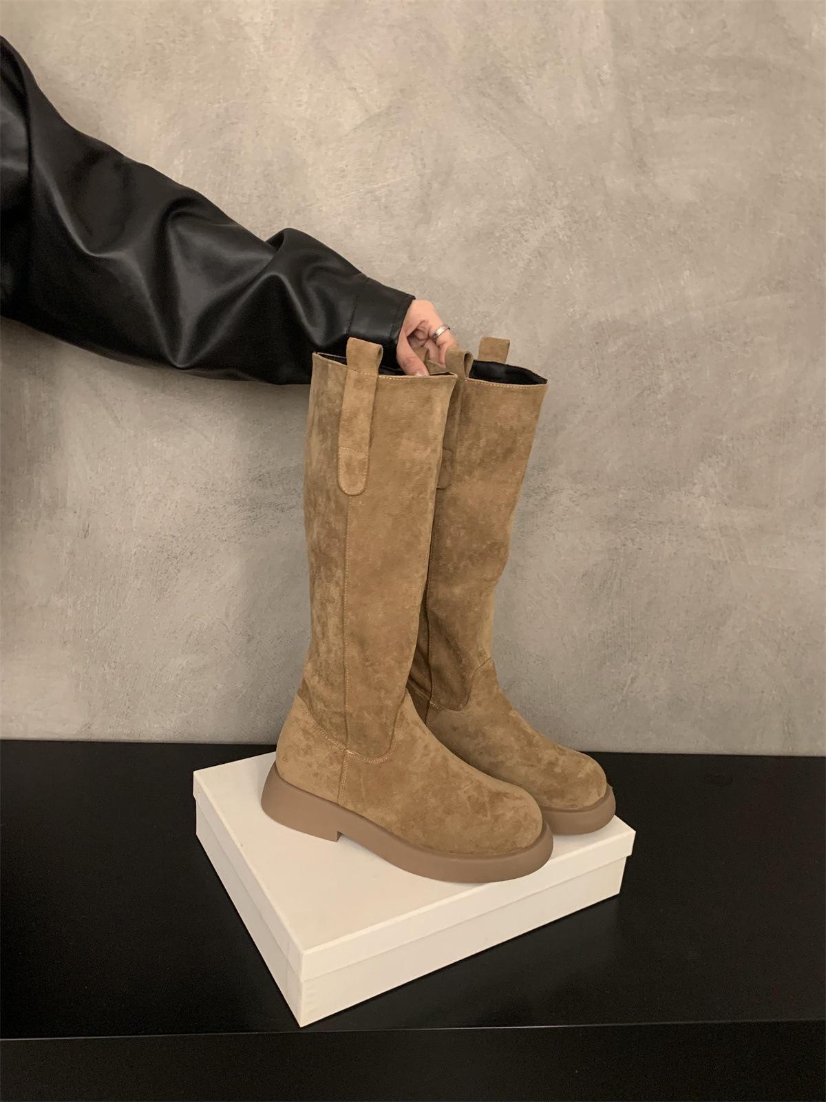 

Khaki boots women s suede retro high boots 2025 spring and autumn winter but knee thick-soled Martin boots stacking boots 35 хаки