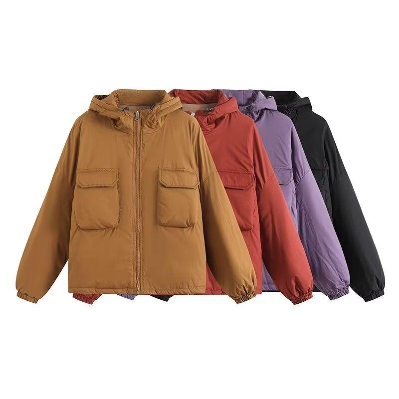 Kaslead New Women clothes Western Style Versitile Fashion Four-Color Selection Hood Zip-up Loose Long sleeve Cotton-padded jacket