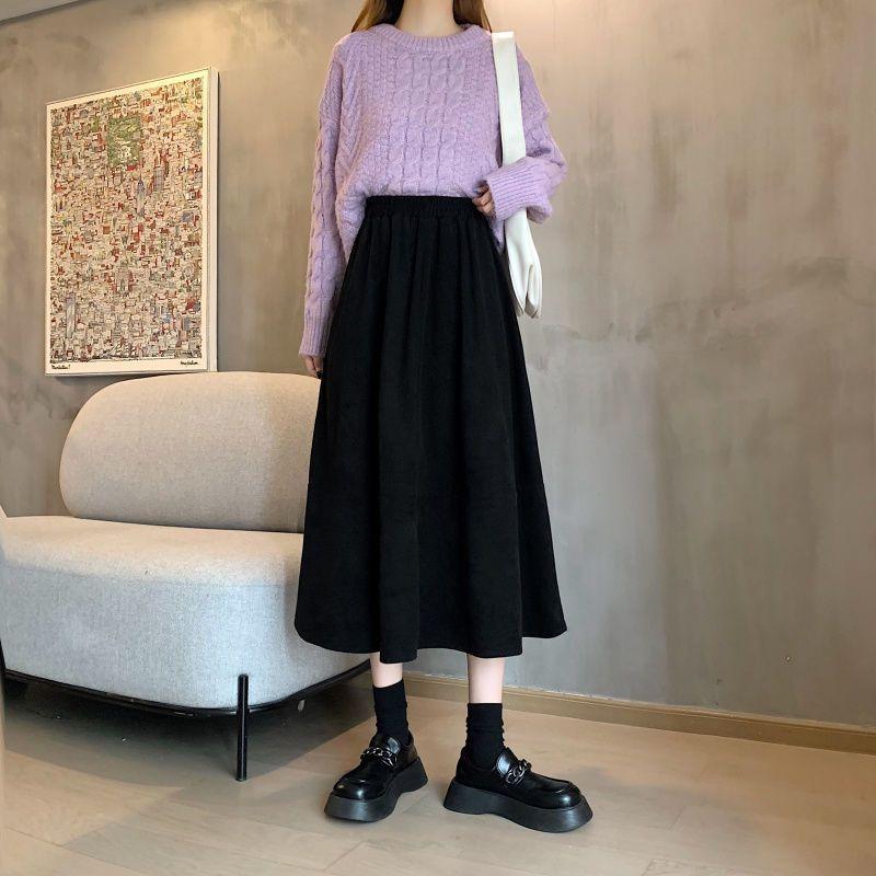 Elastic Waist Corduroy Skirt Women Autumn Winter Vintage Mid-length Skirt Solid High-waisted Korean Style Clothing