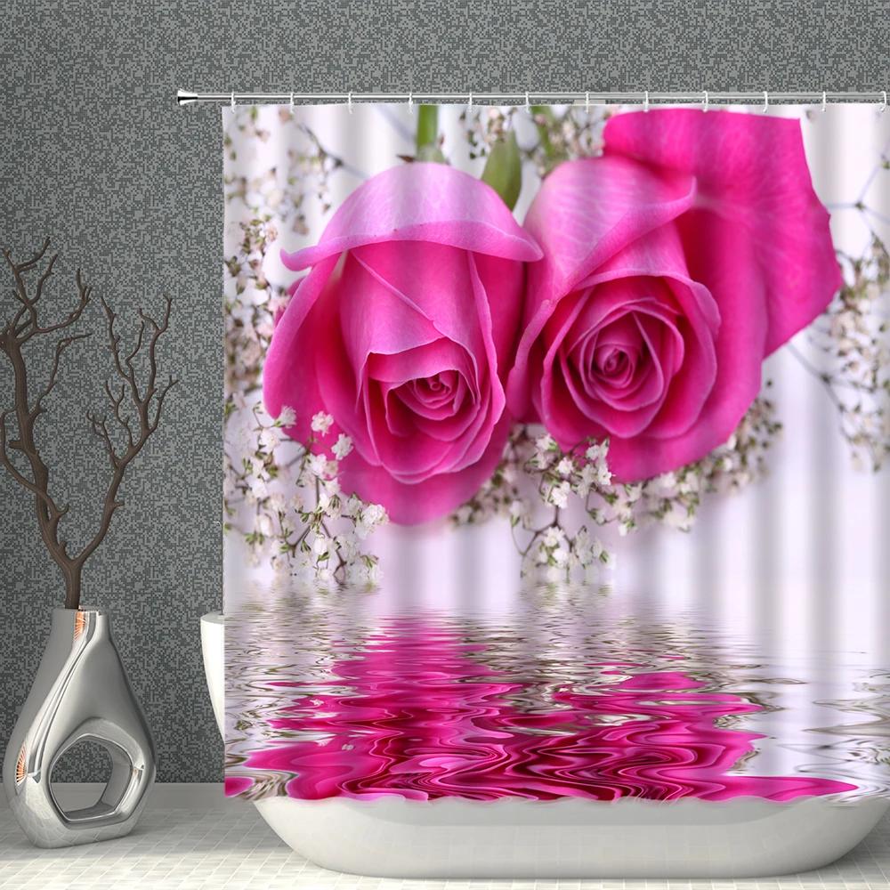 Rose Shower Curtain Set Romantic Valentine's Day Flower Waterproof Polyester Cloth Curtains Bathroom Home Decor With Hooks
