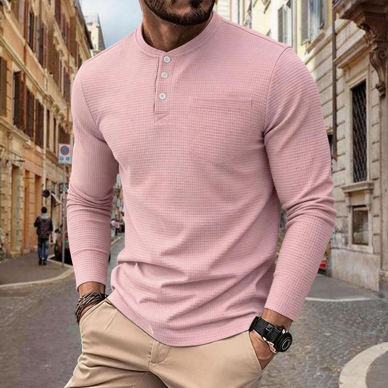 Men's Vintage Simple Loose Henley Long Sleeve T-Shirt.