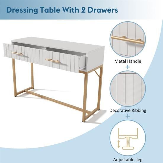 Makeup Desk Dressing Table with 2 Drawers Golden Handle Decorative Ribs Metal Frame Modern White Easy Assembly Bedroom Side Narrow Console Vanity