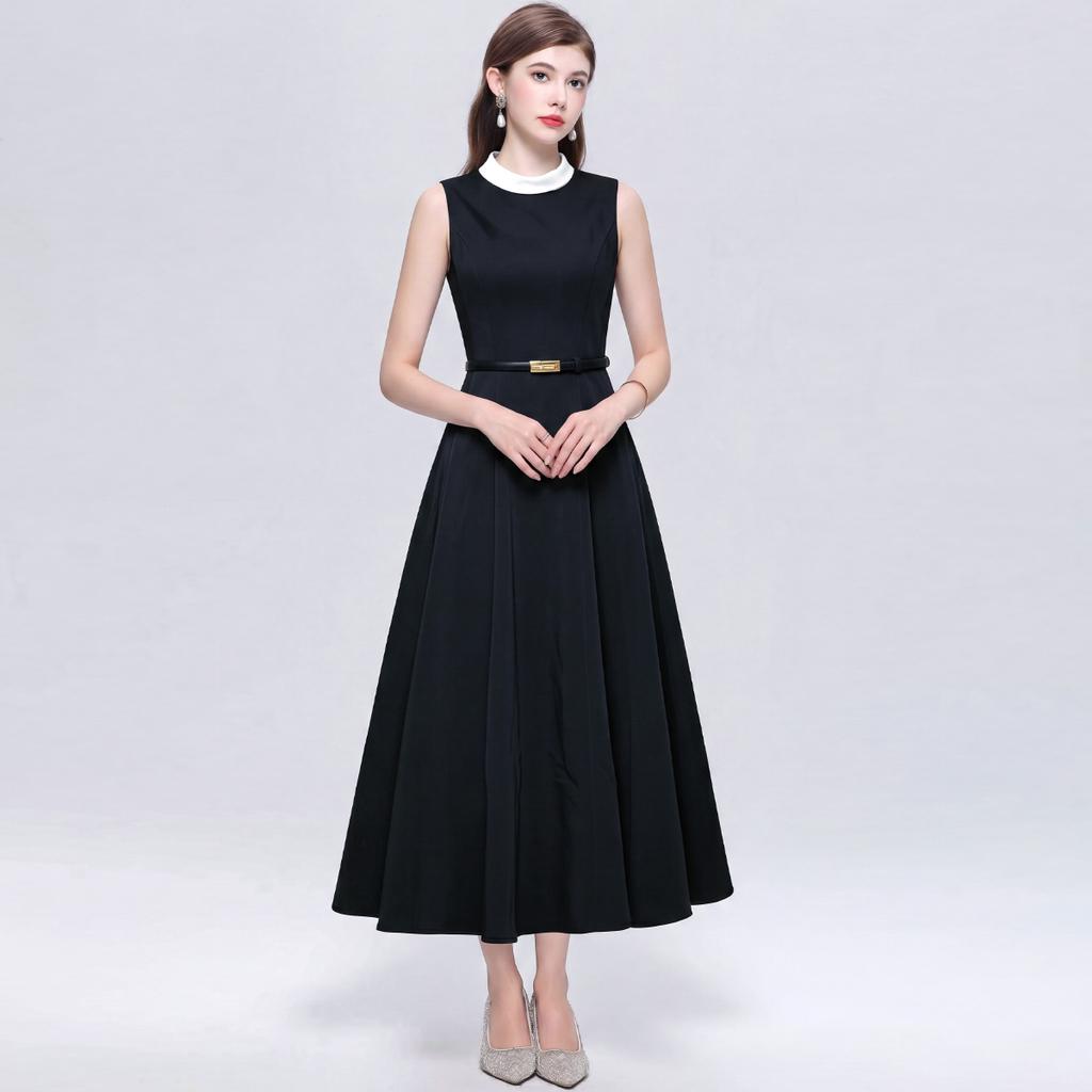Elegant Sleeveless Round-Neck Slimming Satin A-Line Maxi Dress for Women Vintage Solid Mid Length Prom Birthday Party Formal Dress