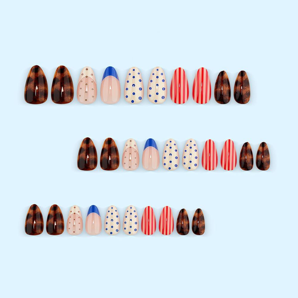 Red & Blue Polka Dot Tortoise Shell Press-On Nails, Candy Stripes French Short Almond Nail Art Stickers.