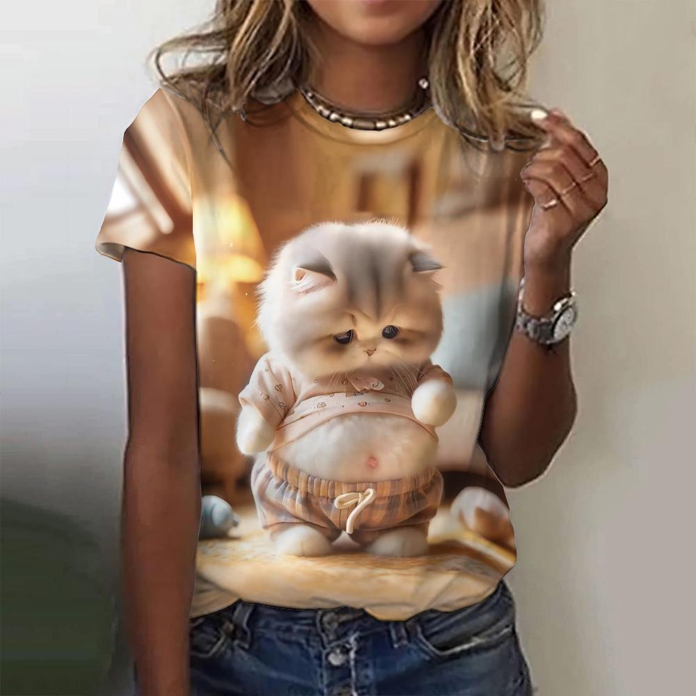 Cartoon Cat Print Cute Personification Cat Pattern Women's T-shirts Casual Short Sleeves Y2K Tees Tops Loose Female Clothing