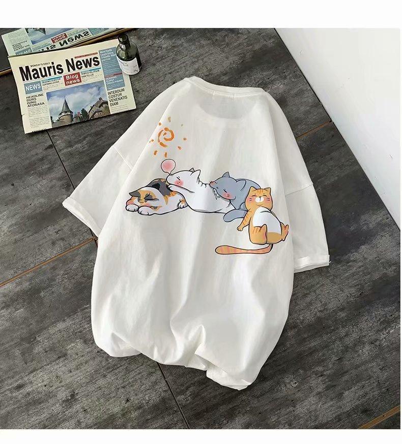 Cat Print Cartoon Trendy Brand Cute Short-Sleeved Hong Kong Style T-Shirt Boys Summer Trend Loose And Versatile Couple Clothes
