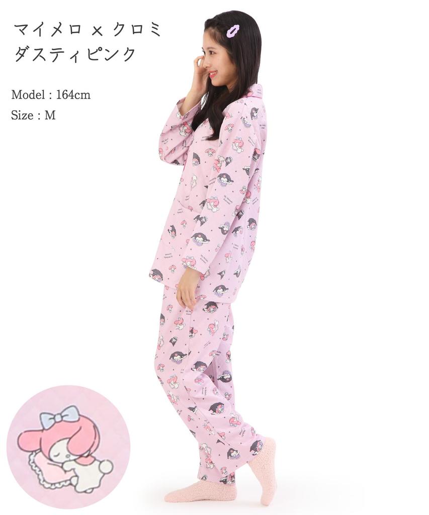 SAZAC My Melody Kuromi Pajamas for Dreamy My Melody X Long Shirt Knit Quilted Top and Bottom Long Loungewear Women, Kuromi, Sleeve, Open-Front,