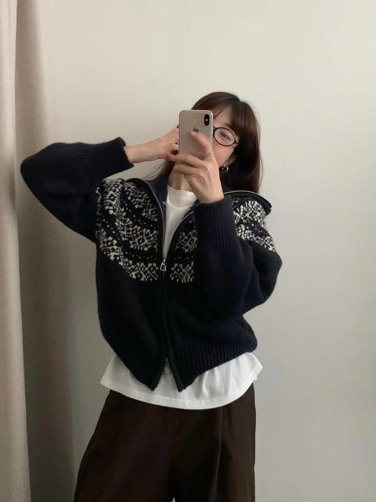 Women's Korean Style Retro Jacquard Fair Isle Cardigan with Double Zipper for Spring and Autumn