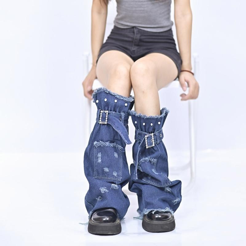 Women Distressed Jeans Leg Warmer with Buckled Strap Punk Flared Long Socks Denims Leg Cover with Pocket Streetwear
