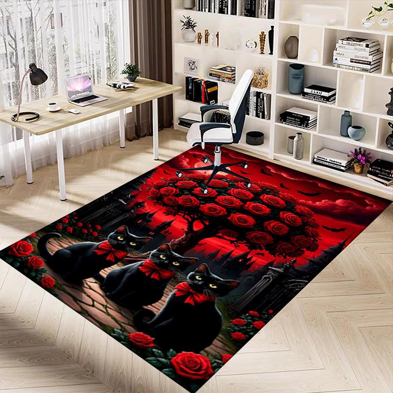 1pc Black Cats, Gothic Roses Carpet Anti Slip Polyester Floor Mat for office.Bedroom