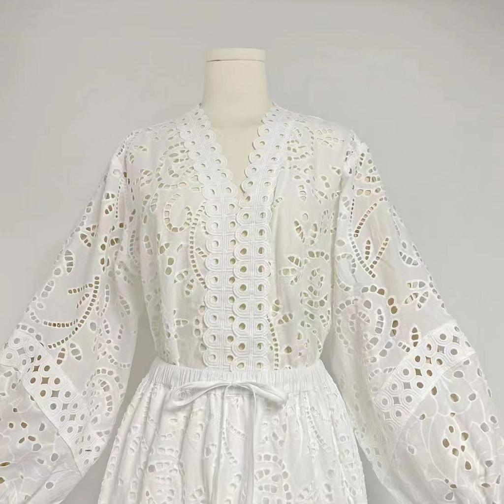 2023 Fall V-Neck Lantern Sleeve Top & Elastic Waist Hollow Skirt Set for Women