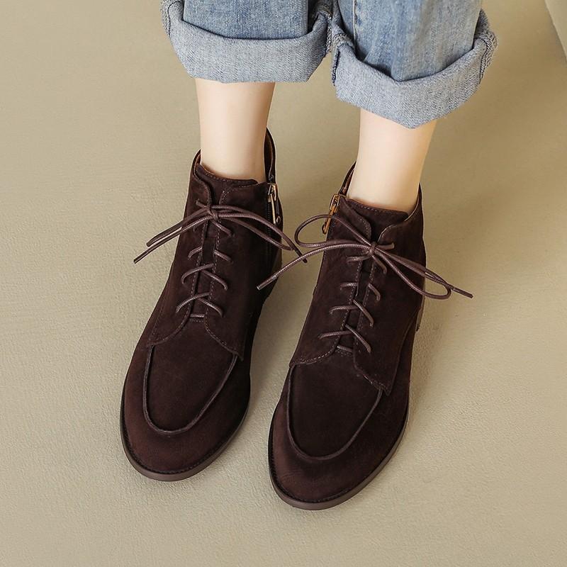 Bottes pour femmes 2025 pour le printemps l'automne Daim de mouton Bout rond Talon carré Bottines basiques Chaussures d'hiver Mode femme