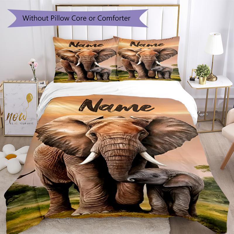 3pcs Custom Name Elephant Bedding Set Duvet Cover Closure Includes 1 Duvet Cover & 2 Pillowcases, Soft and Comfortable for All Seasons.
