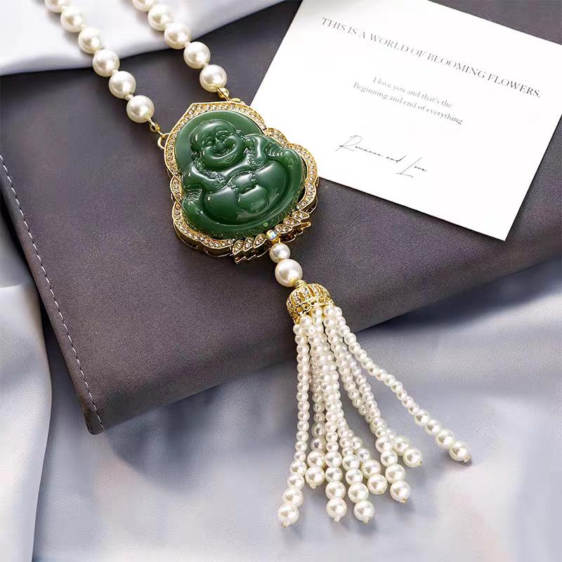 Luxury Imitation Chalcedony Buddha Sweater Chain Necklace - Autumn/Winter Fashionable Versatile Accessory for Women