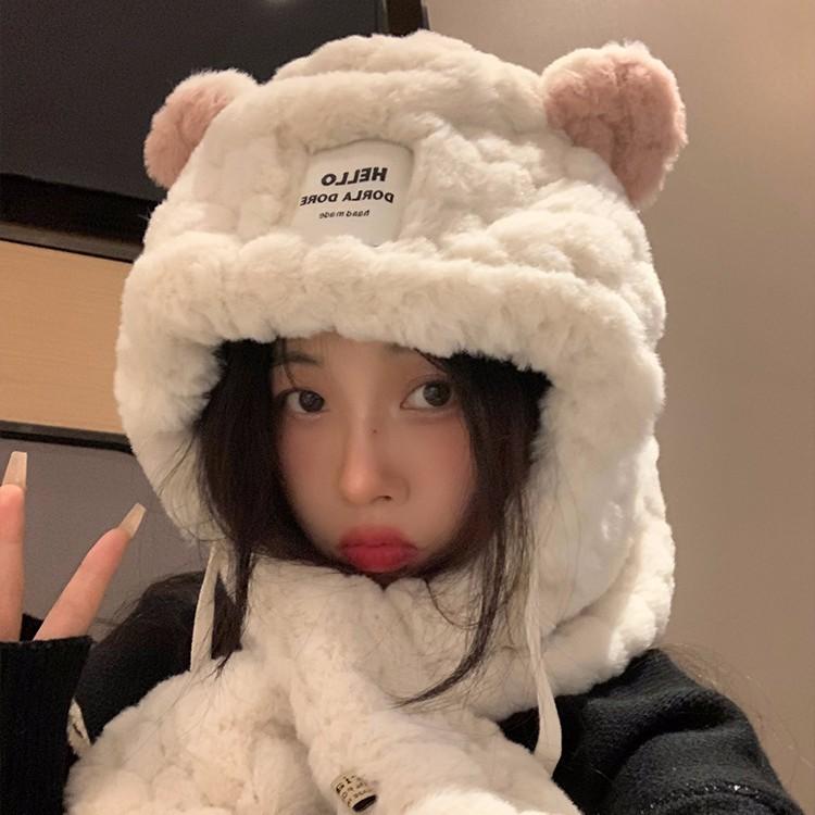 Bear Plush Hat Scarf All in one Women's Autumn and Winter Korean Version Thickened Warm Ear Protection Cycling Lei Feng Hat To Show Small Face