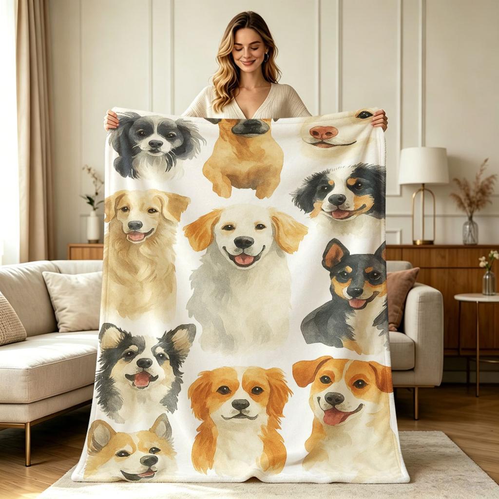 All-Season Flannel Blanket with Cute Watercolor Dog Pattern for Sofa Couch Office Bedroom Decorative Throw Blanket for Indoor Outdoor Use