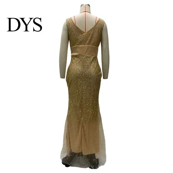 Bride Wedding Dress Women Evening V Neck Mesh Patchwork Sequin Sleeveless Split Hem Formal Attire Mermaid Shape Slim Fit Prom Party Banquet