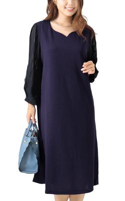 Oro Japón Talla Grande Cuello Corazón Manga Chifón Largo Midi Corazón Talla 3L Vestido de Mujer, Vestido, Mangas, Vestido, Cuello, Marino, (mncut-122419)