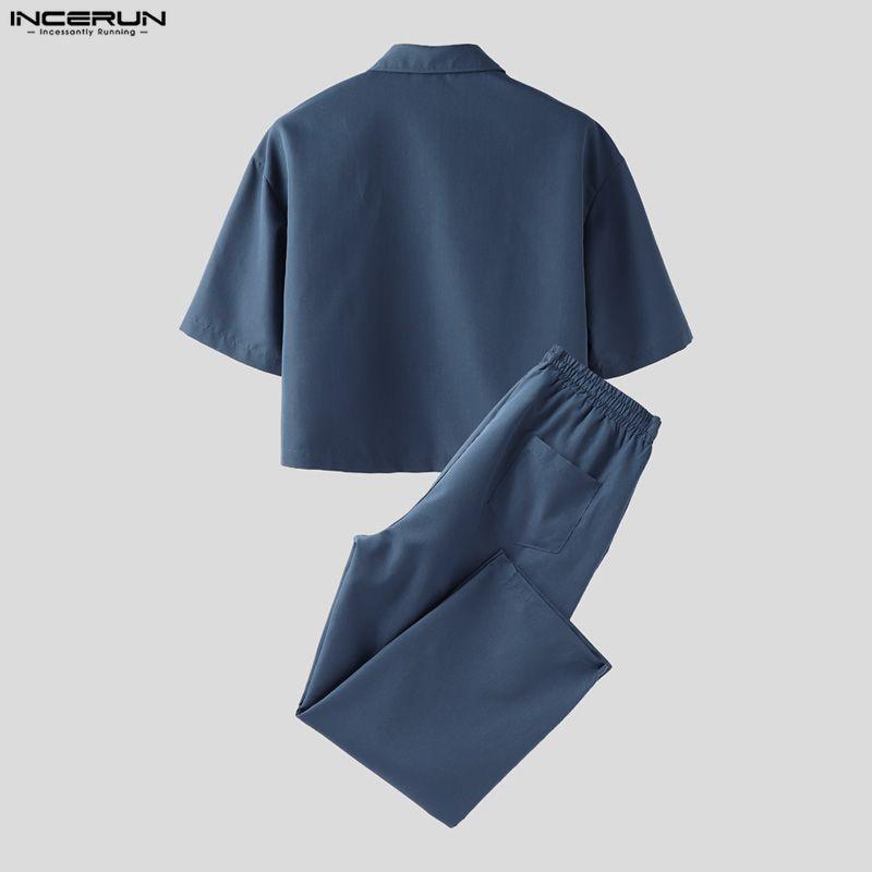 INCERUN Two Pieces Men Lapel Short Sleeve Cropped T-shirts Long Pants Sets Suits