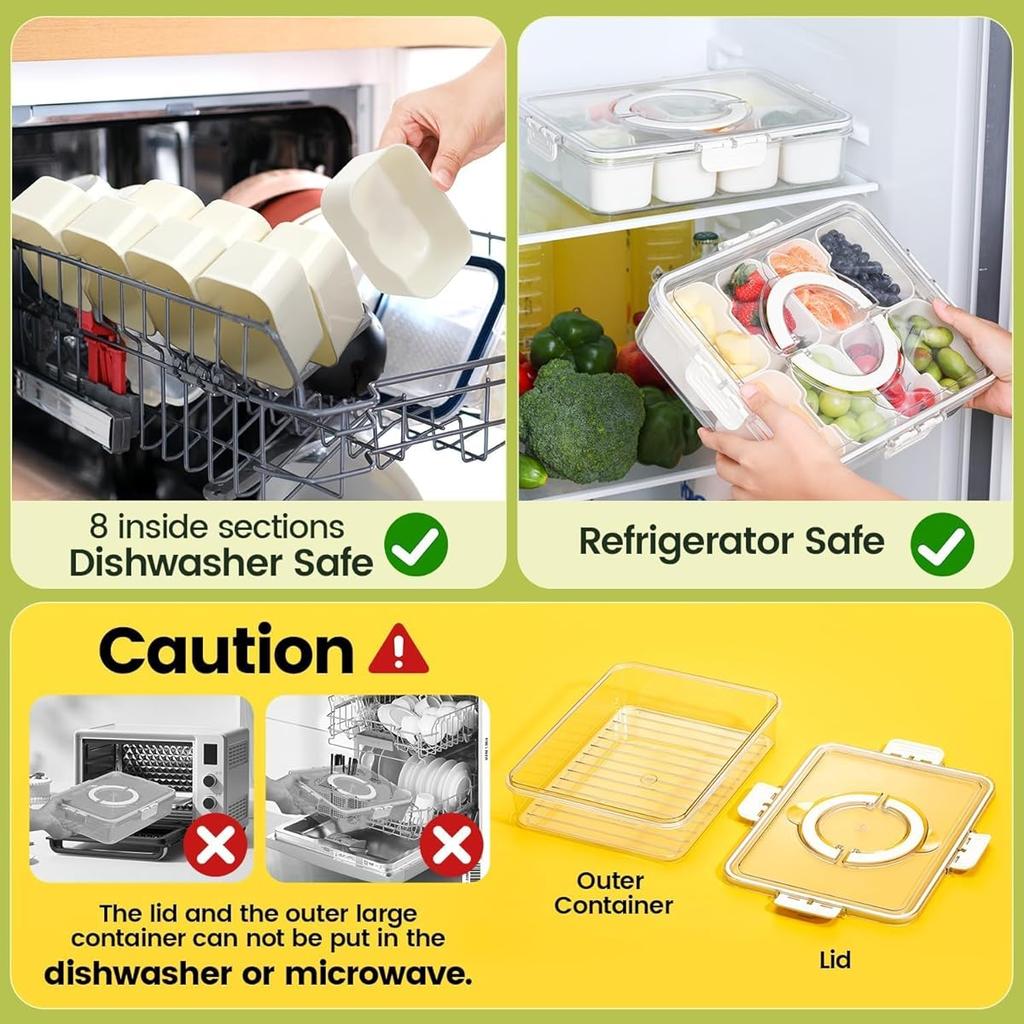 Large 8-Compartment Clear Divided Serving Tray with Lid,Handle,Airtight Food Storage Container,Removable Compartments