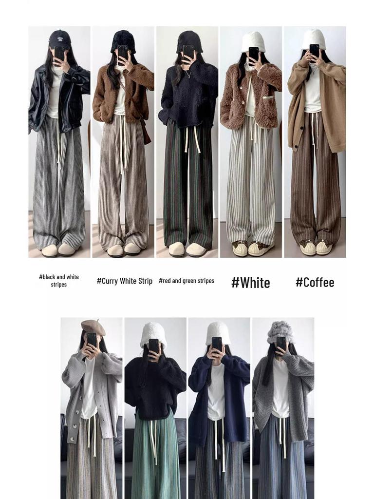 Petite Coffee Pinstripe Casual Women's Wide-Leg Pants, Drawstring High Waist, Relaxed Fit - Perfect for Spring & Autumn.