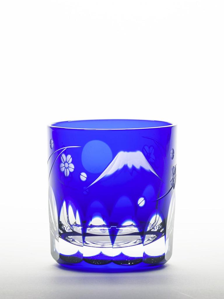 Glass Studio Saiho Edo Kiriko Shochu Glass, Rocks Glass, Tumbler Glass, Sake Cup, Blue Fuji and Cherry Blossom Design, Made In Japan, Wooden Box,