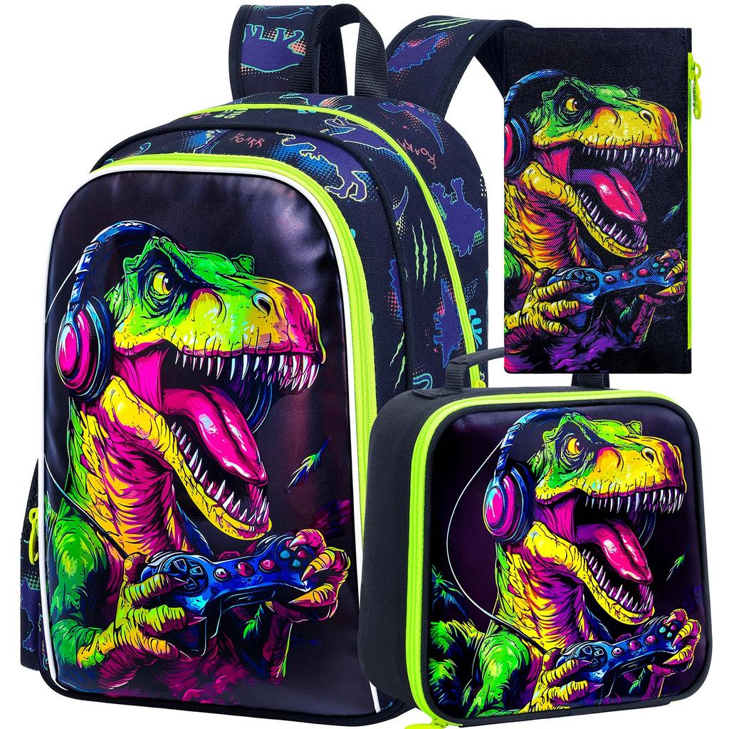 3PCS Kids Dinosaur Backpack for Boys, 16" Cool UV Printing Bookbag/School Bag with Lunch Box & Pencil Bag for Preschool To Eleme