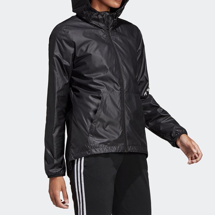 adidas Women's Black E LIN WINDBR Letter Logo Printing Hooded Windbreaker Jacket DP2408