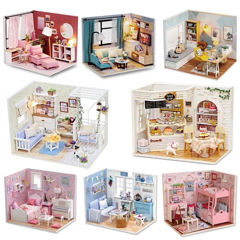 Casă de păpuși mini din lemn, puzzle 3D de asamblat, model de construcție, jucării, decorațiune pentru casă, dormitor, cu mobilier, lumini LED, jucărie, cadouri de Crăciun