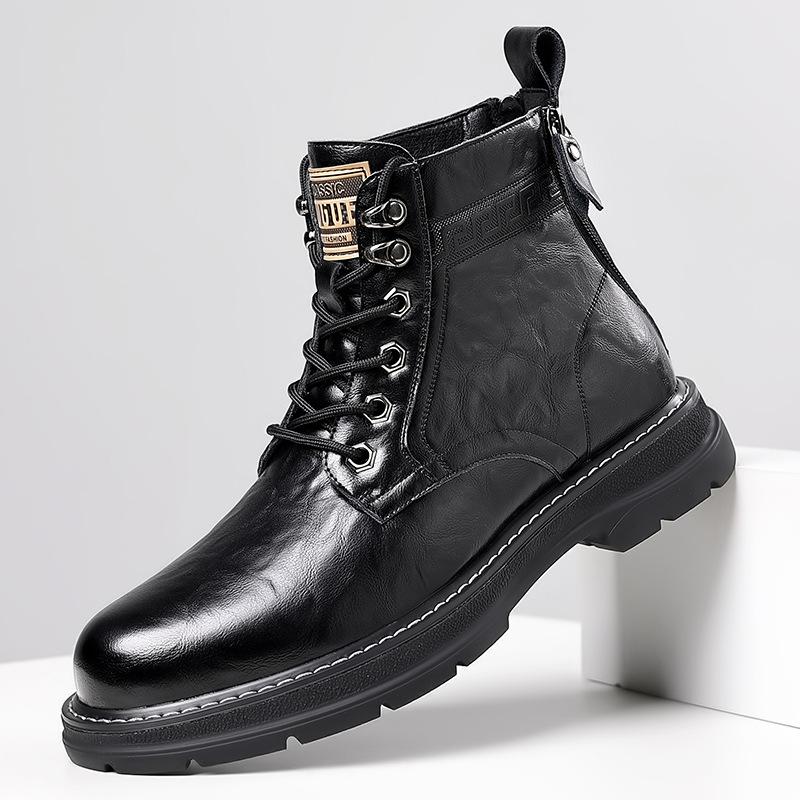 Men's Boots Autumn and Winter British Style Cowhide Boots Casual Workwear Boots Thick Soled Leather Boots with Plush Cotton Boot