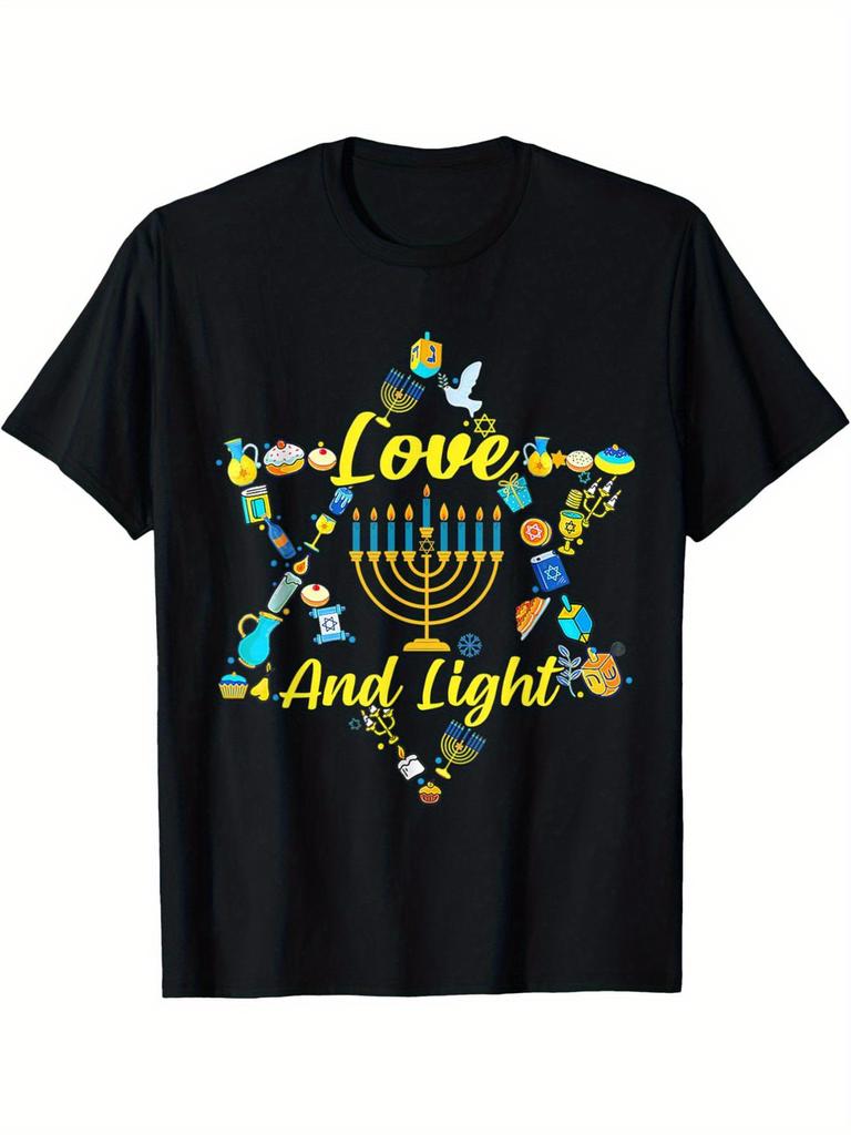 Chanukka Liebe Und Licht Grafik T-Shirt Herren Jüdisches Fest Religiös Baumwolle T-Shirt Lässiges Feiertagsgeschenk