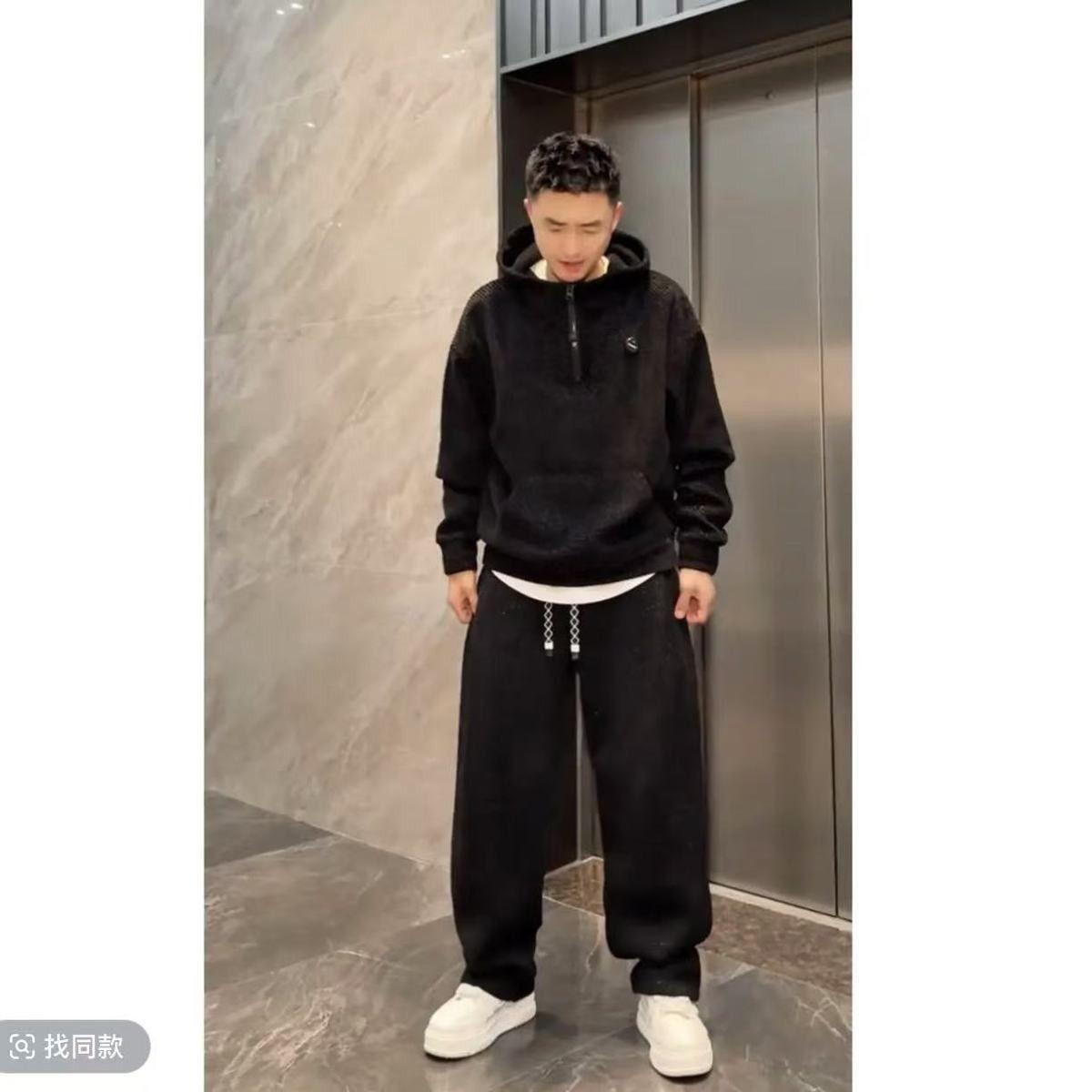 

Зимний мужской модный твиловый костюм, повседневный худи-свитер, универсальные спортивные прямые брюки, двухпредметный костюм с плюшевой подкладкой XXXXL чёрный