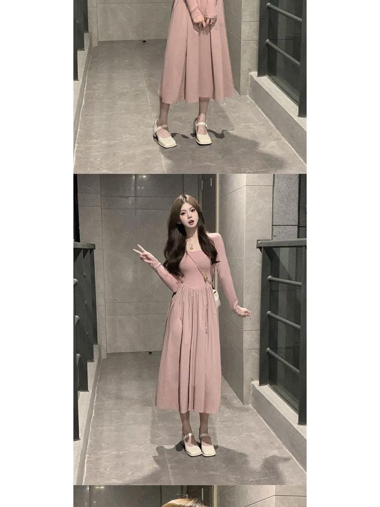 French Chic Pink A-Line Dress: Sexy, Sweet Slim Fit for Spring & Autumn