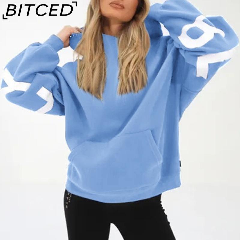 BITCED Damenmode Print Verdicktes Vielseitiges Langarm Oversize Kapuzensweatshirt