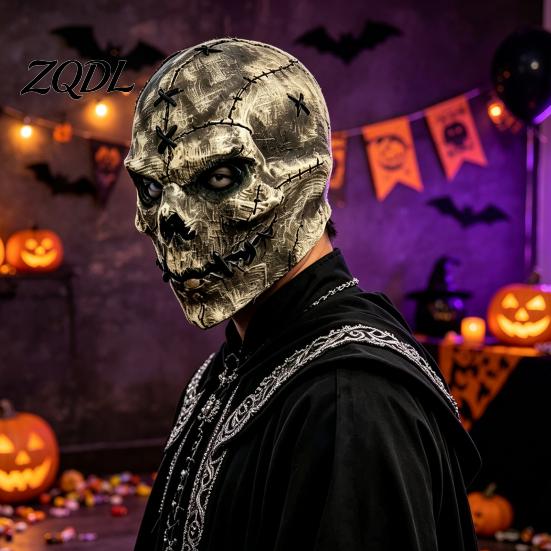 Realistic Stitching Texture Horror Latex Skull Masque, Scary Halloween Hood Masque with Detailed Props Stitched Texture, Creepy Costume Accessory for