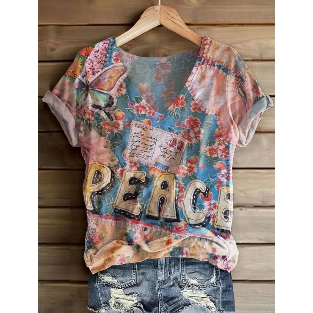 Women Summer T Shirt Geometric Pattern Print Short Sleeve Tees Casual Printed Tops XS
